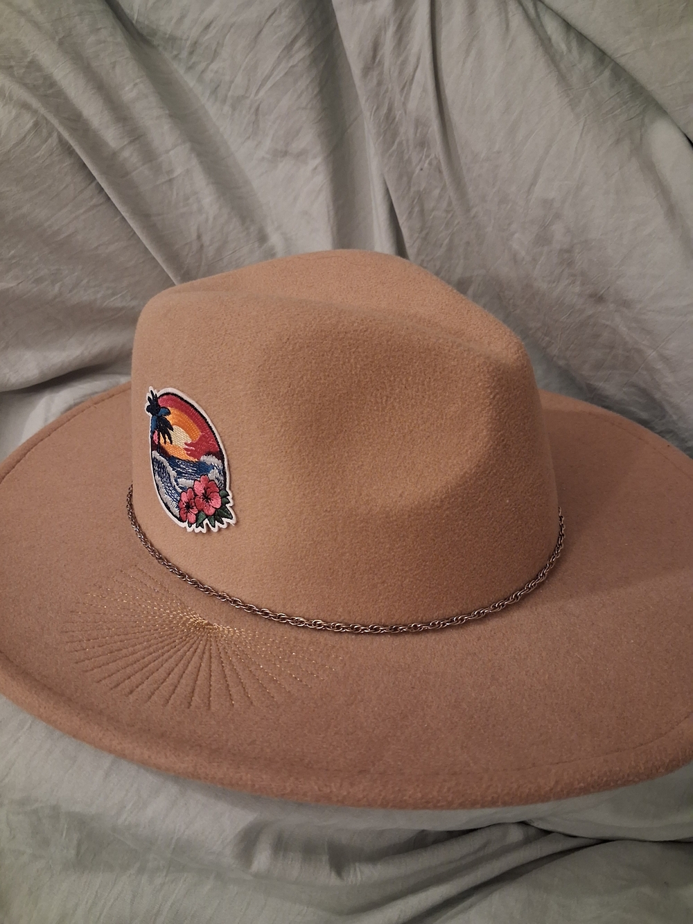 Time & Tru Felt Fedora Hat with Chain Band, Sunburst Brim & Sunset/Flower Patch